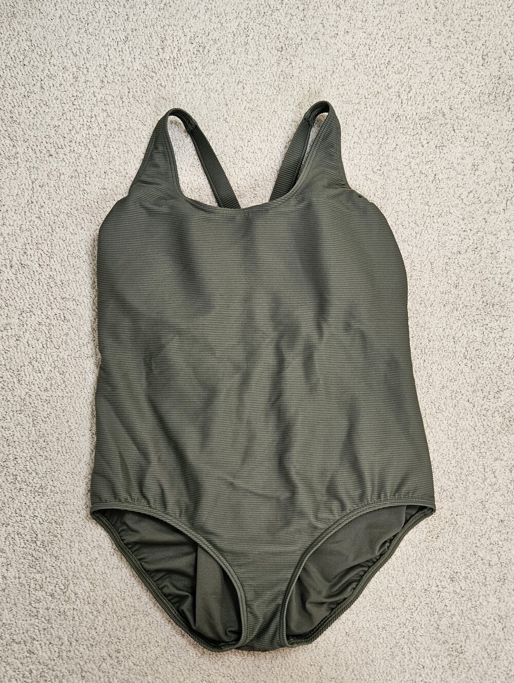 Lands End Swimsuit 1pc Olive Green Womens Tugless Ribbed X-Back 22 Modest